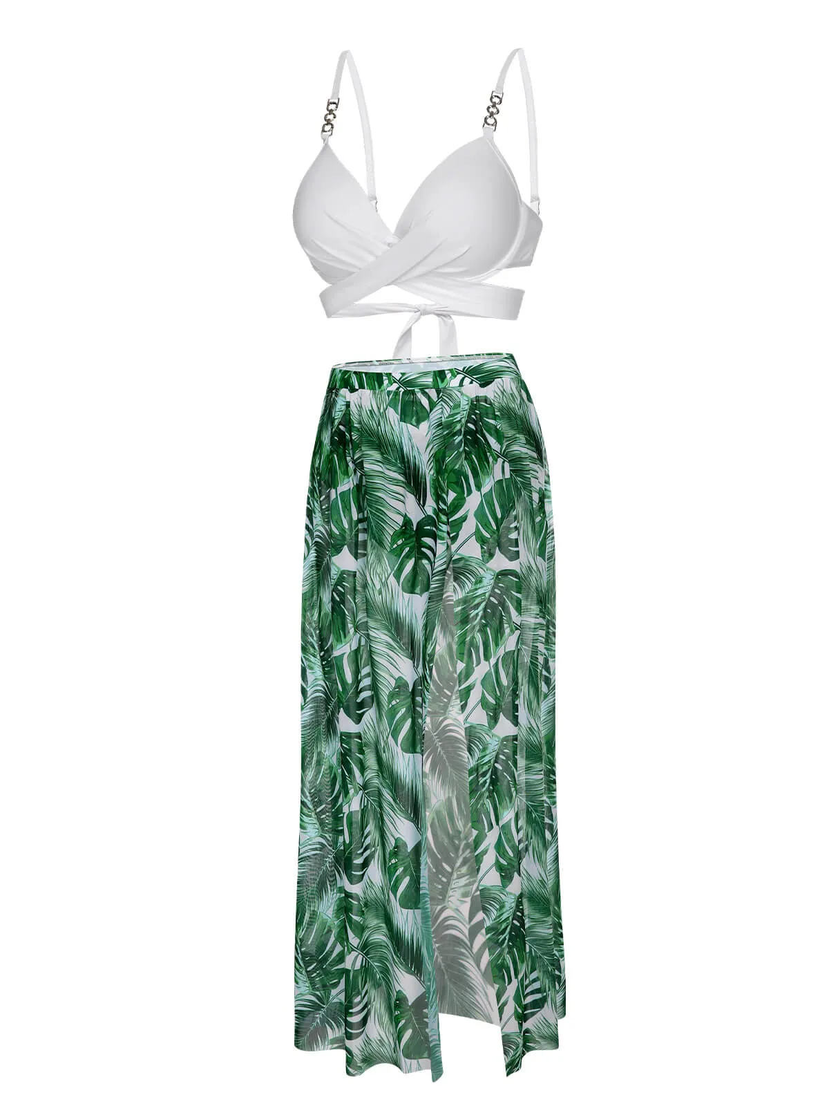 White & Green 1950s Tropical Swimsuit With Cover-Up