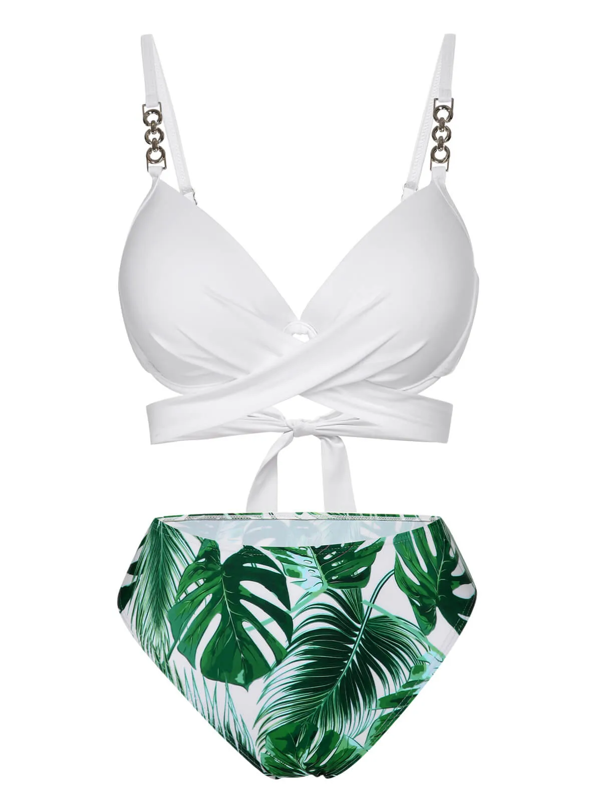 White & Green 1950s Tropical Swimsuit With Cover-Up