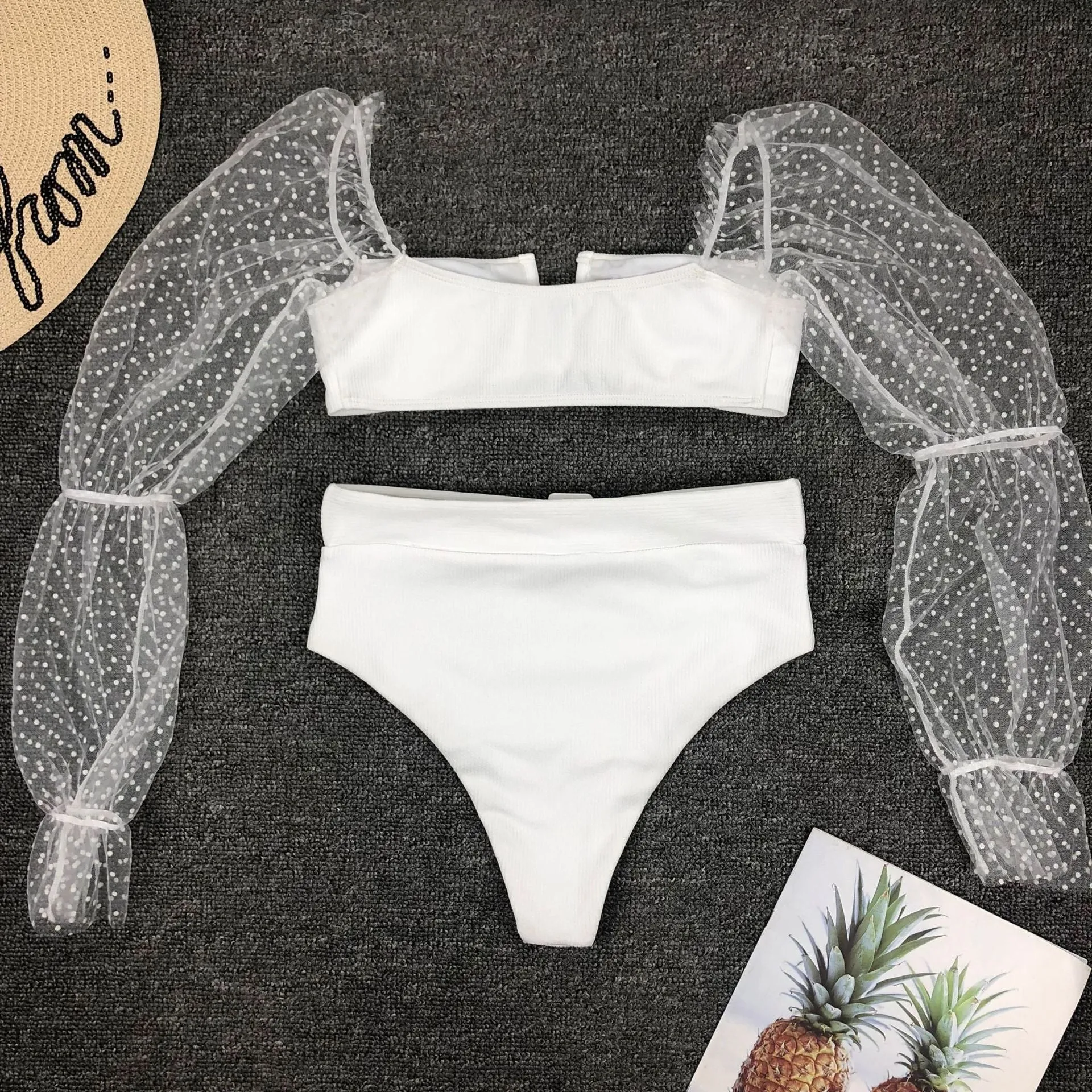 White Mesh Puff Sleeve High Rise Triangle Bikinis