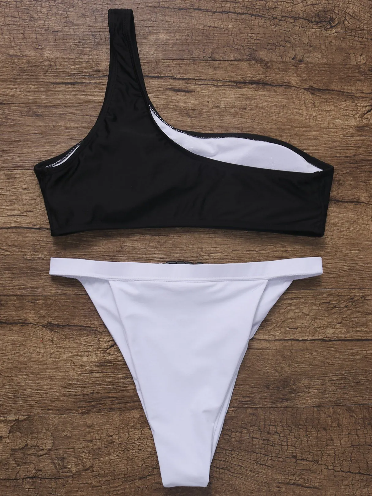Wholesale Black & White One Shoulder Sleeveless Plain Lace-Up Cut Out Pocket High Waist 2 Piece Bikinis