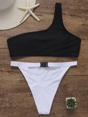 Wholesale Black & White One Shoulder Sleeveless Plain Lace-Up Cut Out Pocket High Waist 2 Piece Bikinis