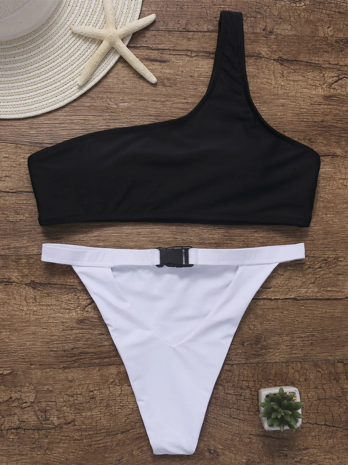 Wholesale Black & White One Shoulder Sleeveless Plain Lace-Up Cut Out Pocket High Waist 2 Piece Bikinis