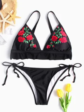 Wholesale Black Embroidered Spaghetti Strap Two Piece Bikinis