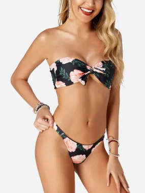 Wholesale Black Tube Top Off The Shoulder Sleeveless Floral Print Backless Tie-Up Two Piece Bikinis