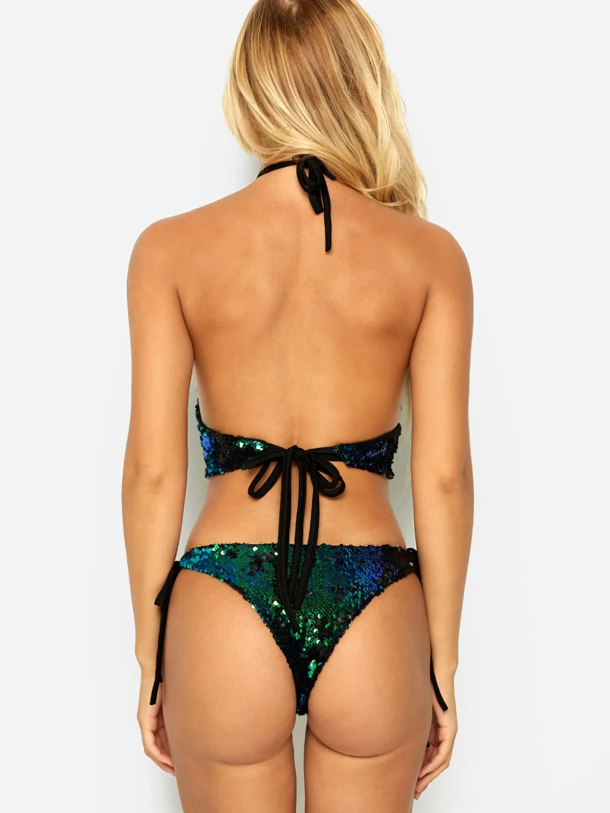 Wholesale Green Halter Sleeveless Backless Sequins Embellished 2 Piece Bikinis