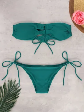 Wholesale Green Halter Sleeveless Hollow Lace-Up Bodycon Two Piece Bikinis