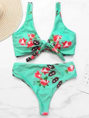 Wholesale Green Scoop Neck Sleeveless Floral Print Tie-Up High Waist Two Piece Bikinis