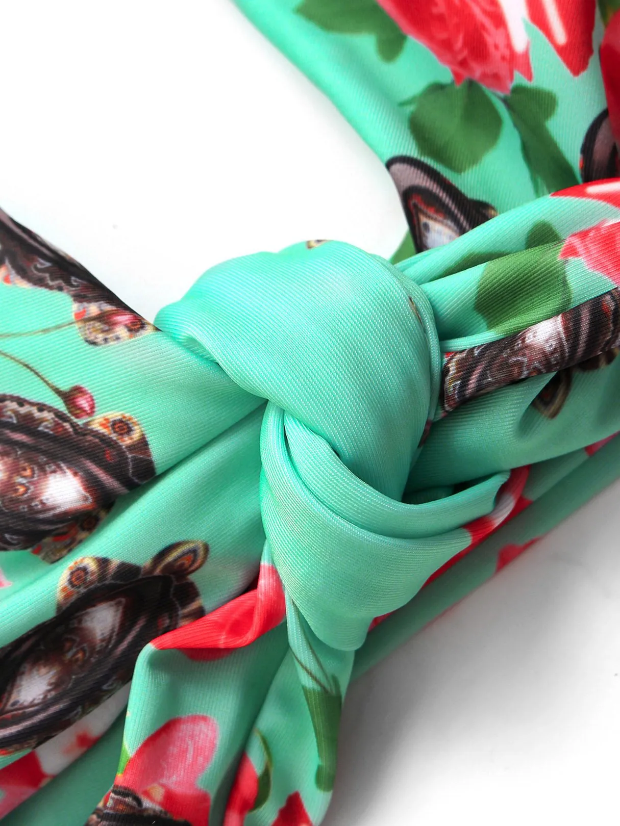 Wholesale Green Scoop Neck Sleeveless Floral Print Tie-Up High Waist Two Piece Bikinis