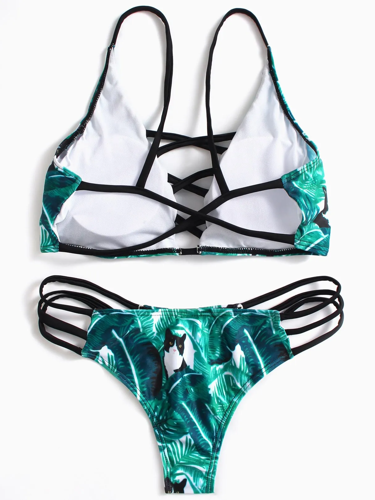Wholesale Green Sleeveless Floral Print Hollow Spaghetti Strap Bikinis