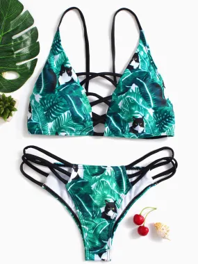Wholesale Green Sleeveless Floral Print Hollow Spaghetti Strap Bikinis