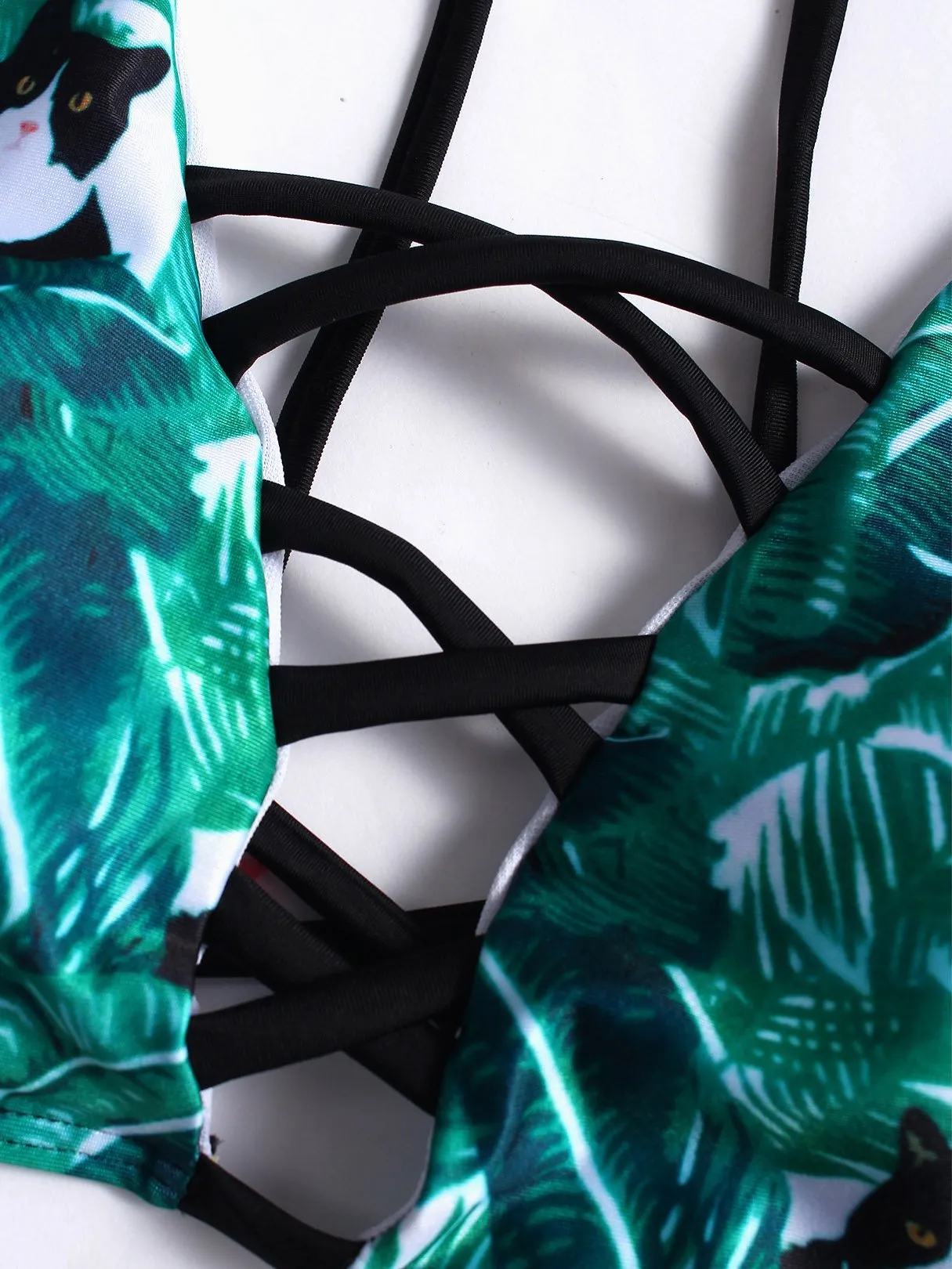 Wholesale Green Sleeveless Floral Print Hollow Spaghetti Strap Bikinis