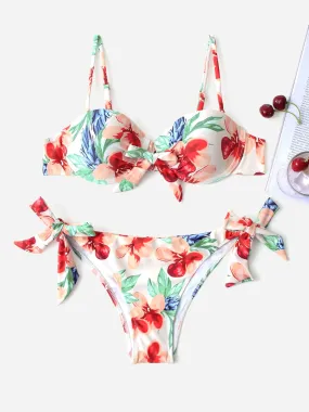 Wholesale Green Sleeveless Floral Print Spaghetti Strap Two Piece Bikinis