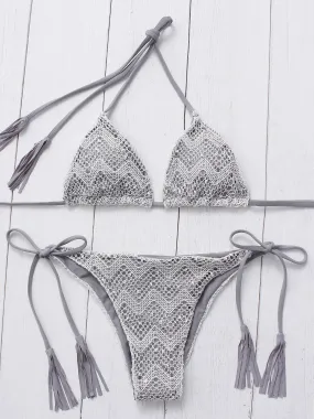 Wholesale Grey V-Neck Sleeveless Floral Print Backless Lace-Up Two Piece Bikinis