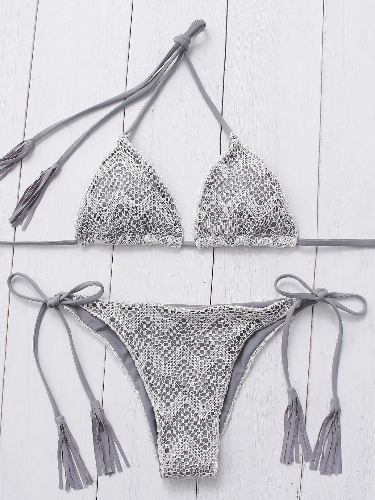 Wholesale Grey V-Neck Sleeveless Floral Print Backless Lace-Up Two Piece Bikinis