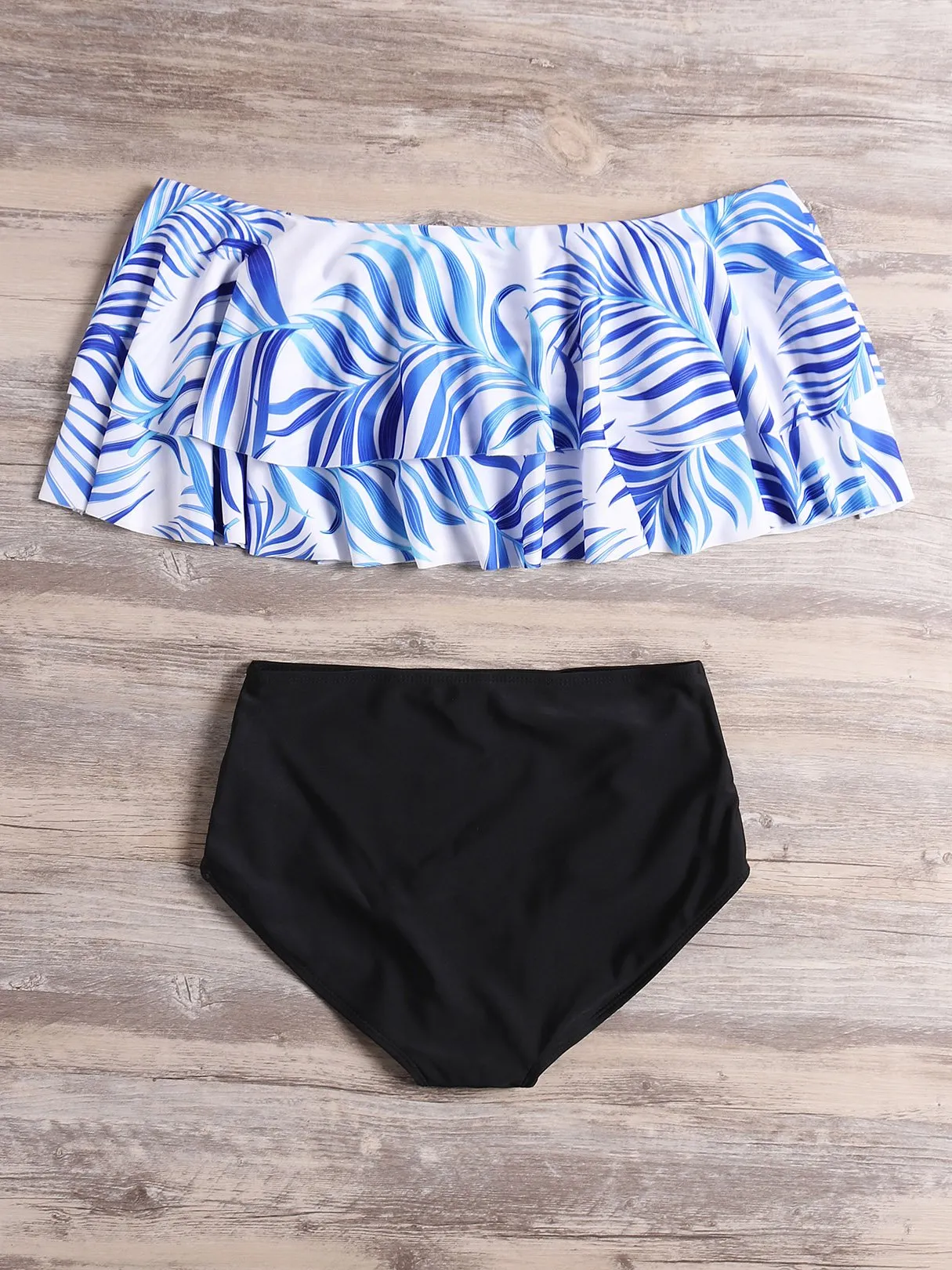 Wholesale Off The Shoulder Half Sleeve Printed Tiered Backless Cut Out Bikinis