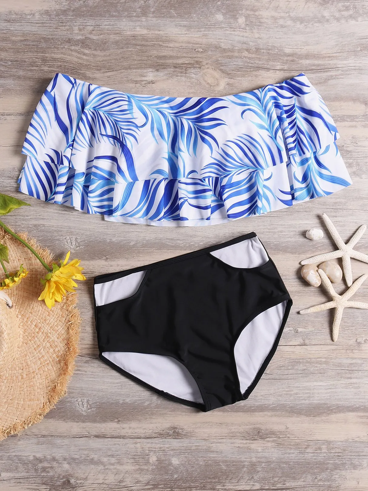 Wholesale Off The Shoulder Half Sleeve Printed Tiered Backless Cut Out Bikinis