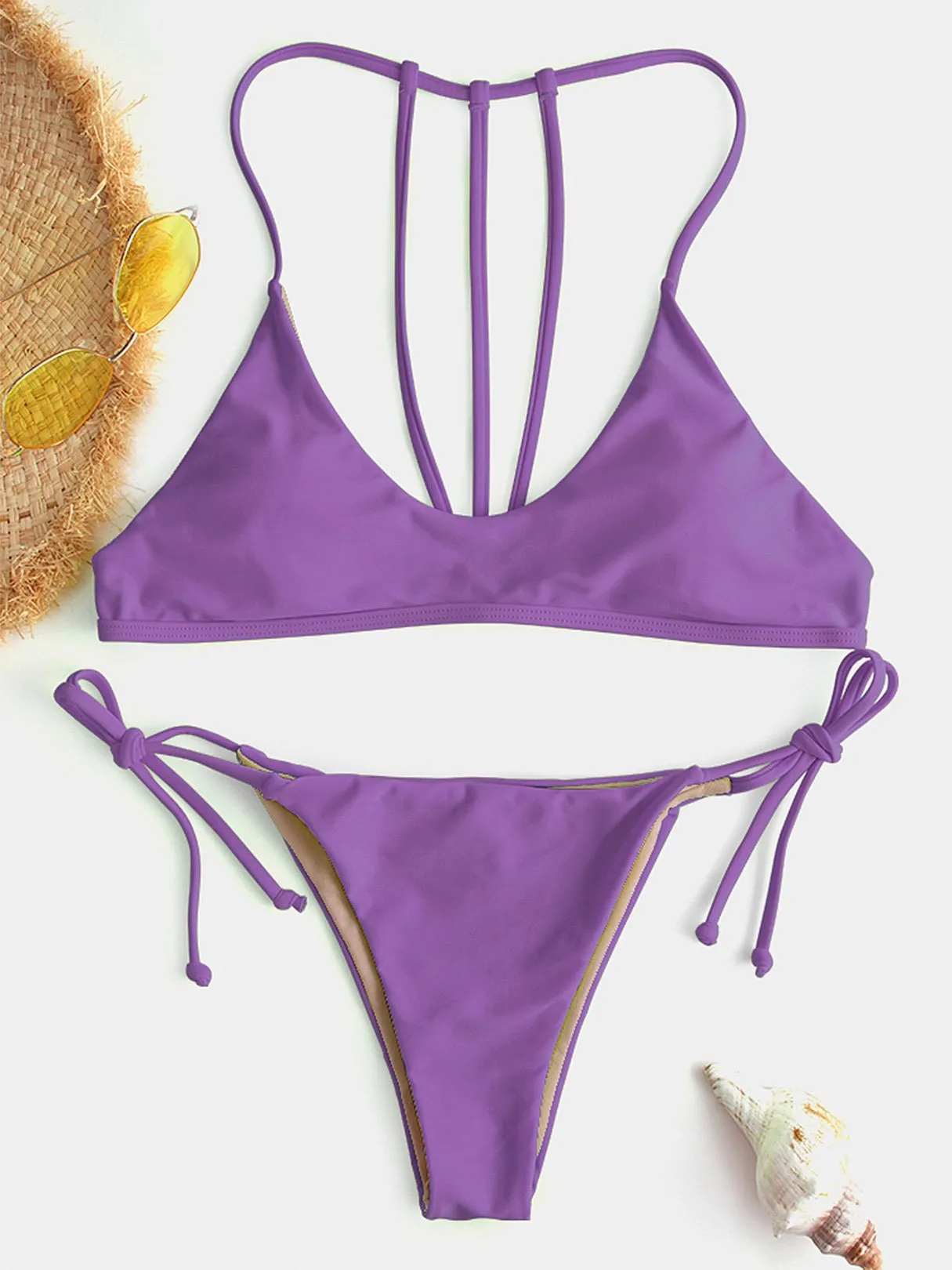 Wholesale Purple Scoop Neck Sleeveless Backless Tie-Up Bikinis