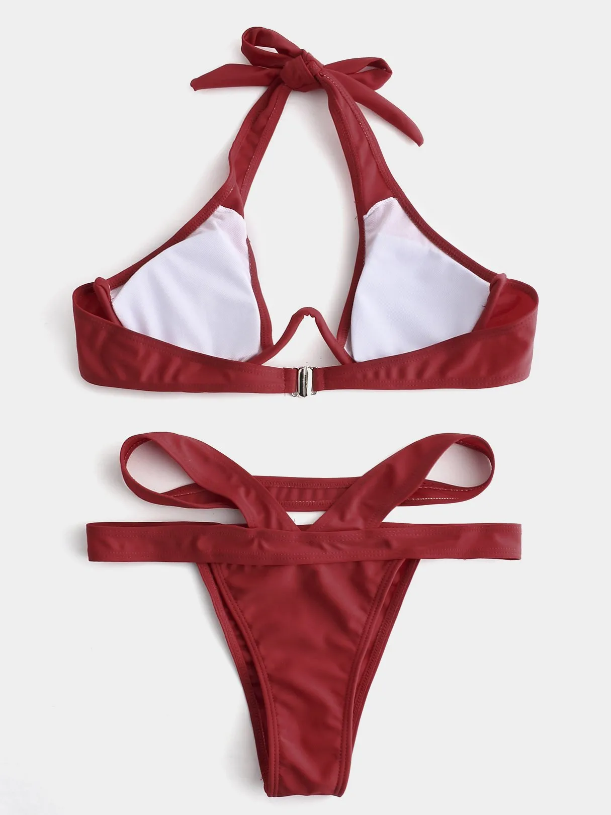 Wholesale Red V-Neck Sleeveless Plain Backless Cut Out Bikini Set Swimwear