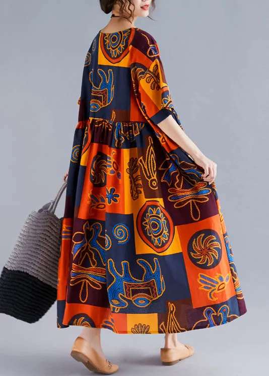 Women floral linen Robes Pakistani Wardrobes o neck Cinched Art Summer Dresses