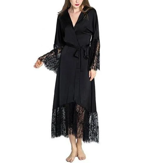 Women Lace Patchwork Satin Kimono Nightgown