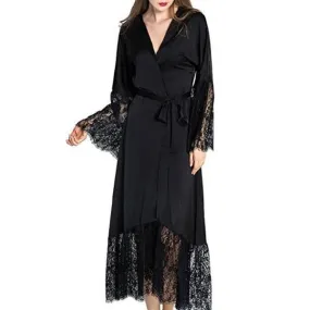 Women Lace Patchwork Satin Kimono Nightgown
