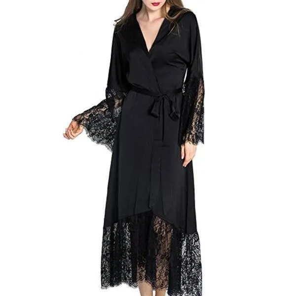 Women Lace Patchwork Satin Kimono Nightgown