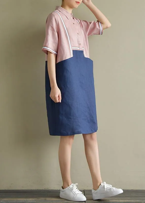 Women pink patchwork blue linen Robes lapel shift summer Dress