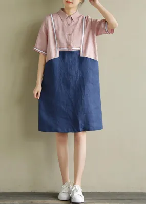 Women pink patchwork blue linen Robes lapel shift summer Dress