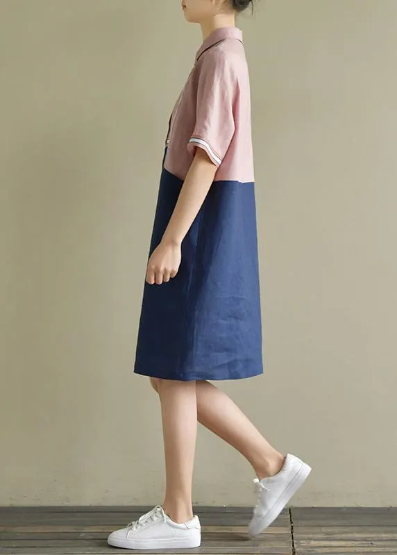 Women pink patchwork blue linen Robes lapel shift summer Dress