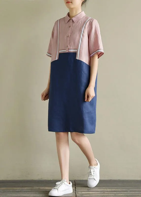 Women pink patchwork blue linen Robes lapel shift summer Dress