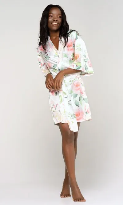 Women Satin Silk lingerie robe, Short V-Neck For Female Sleepwear Loungewear