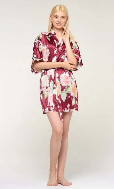 Women Satin Silk lingerie robe, Short V-Neck For Female Sleepwear Loungewear