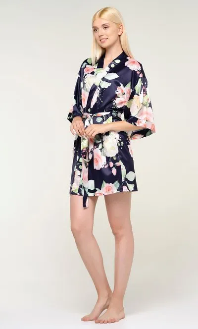 Women Satin Silk lingerie robe, Short V-Neck For Female Sleepwear Loungewear
