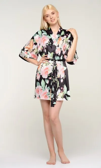 Women Satin Silk lingerie robe, Short V-Neck For Female Sleepwear Loungewear