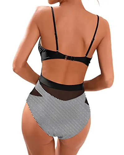 Women's Sexy Mesh Patchwork Cutout Monokini Swimsuit-Black Stripe