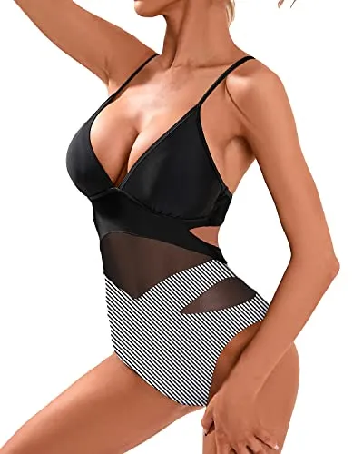 Women's Sexy Mesh Patchwork Cutout Monokini Swimsuit-Black Stripe