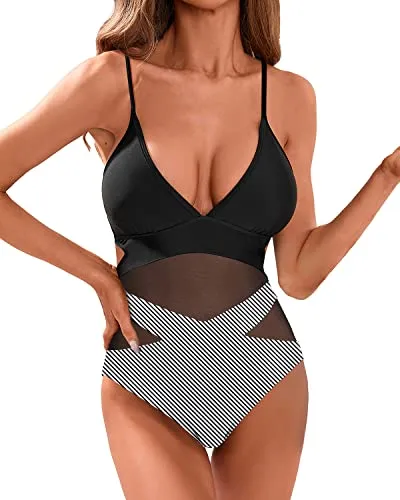 Women's Sexy Mesh Patchwork Cutout Monokini Swimsuit-Black Stripe