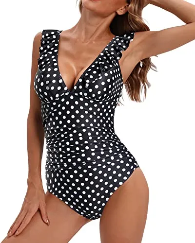 Women's Tummy Control Ruffled V Neck Bathing Suit One Piece Swimwear