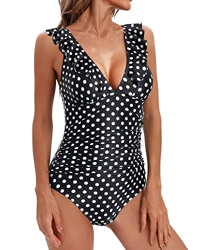 Women's Tummy Control Ruffled V Neck Bathing Suit One Piece Swimwear
