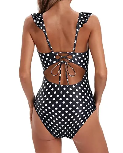 Women's Tummy Control Ruffled V Neck Bathing Suit One Piece Swimwear